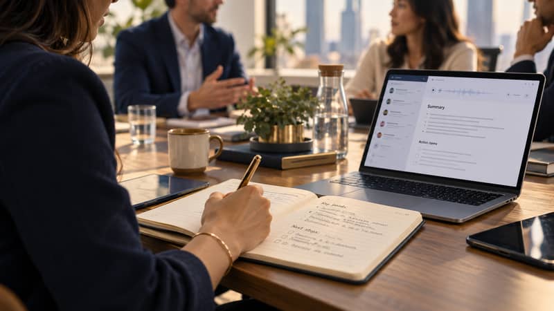 Employee taking handwritten notes beside an AI meeting assistant