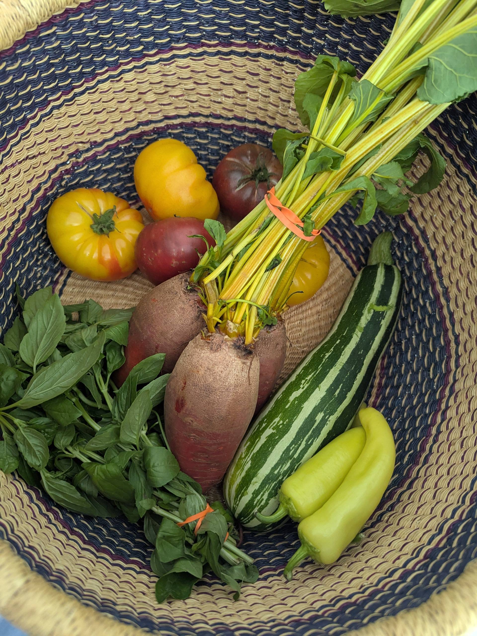 market basket with farmers market haul.