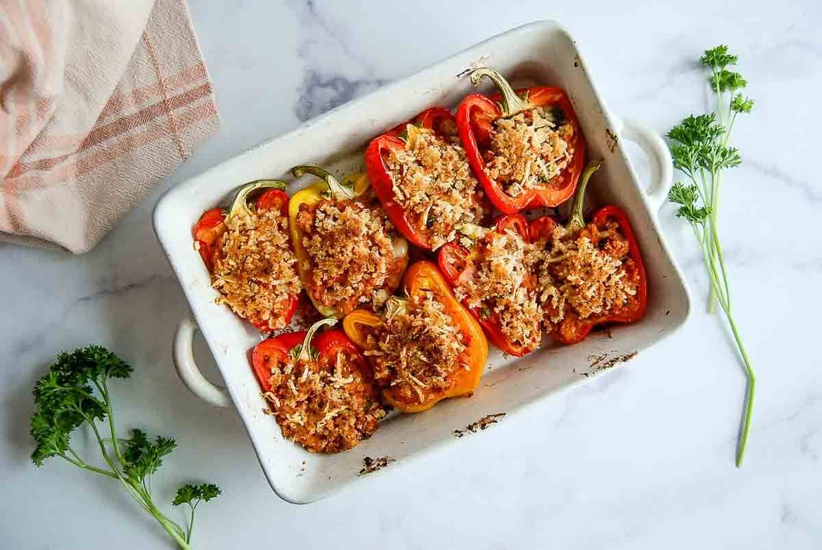 ground turkey stuffed peppers in casserole dish