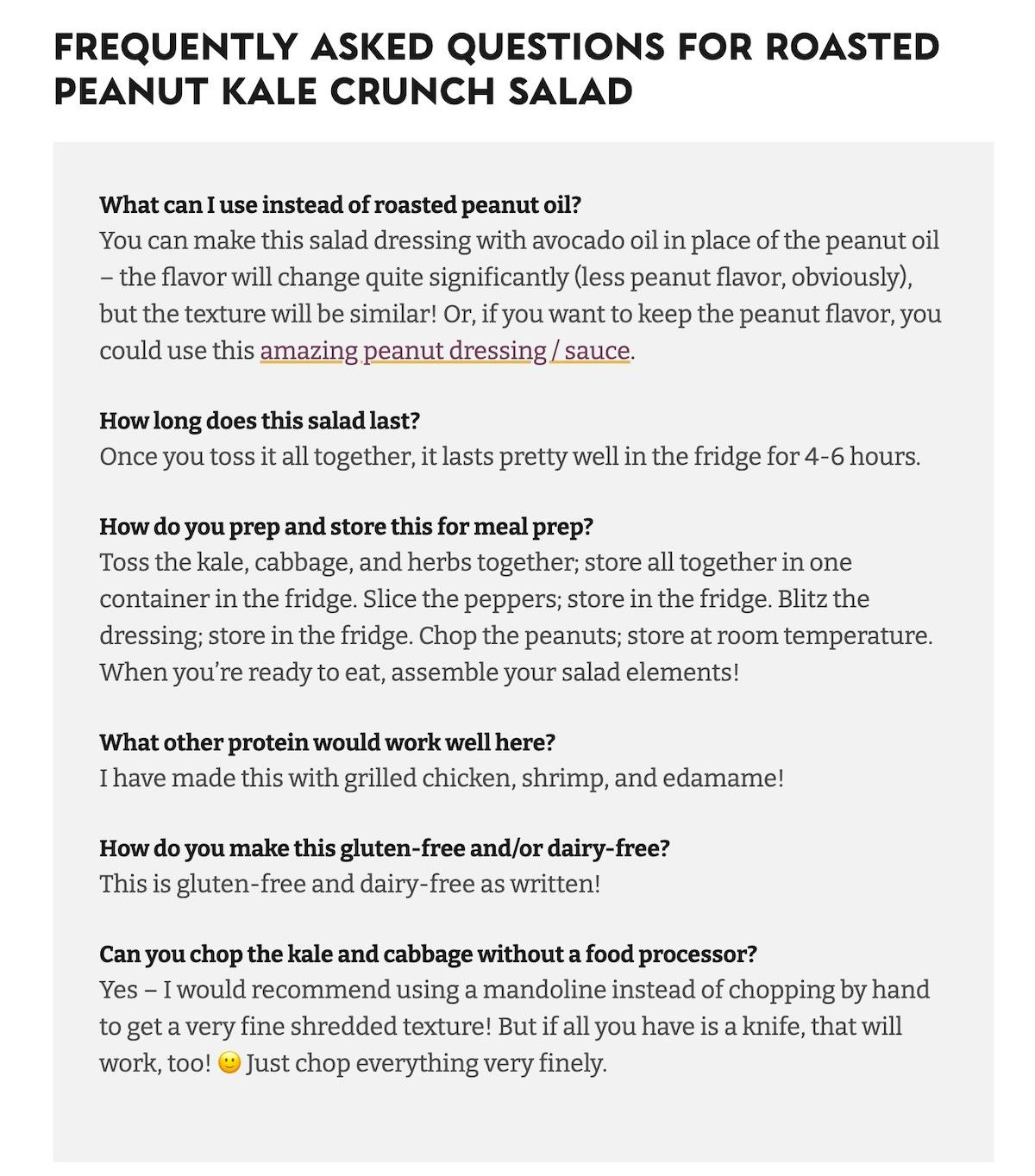 faqs for the roasted peanut kale crunch salad on Pinch of Yum