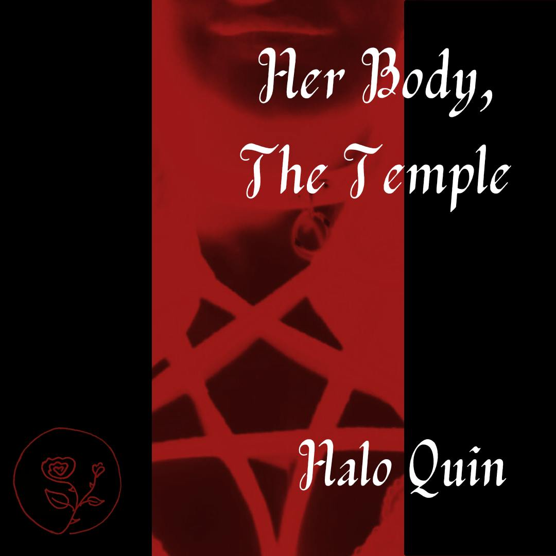Cover for new single "Her Body, The Temple" in black and red with a comfy rope pentagram top peeking through the image
