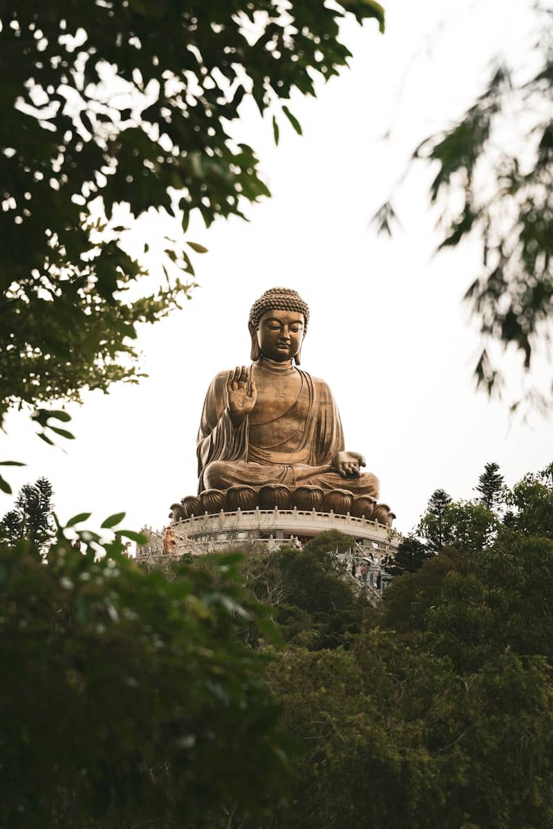 A large bronze buddha statue sits atop a hill.