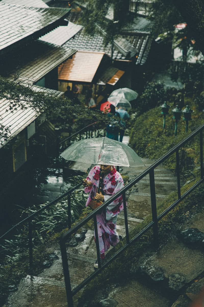 A person in a floral kimono walking down wet stone stairs with a clear umbrella
