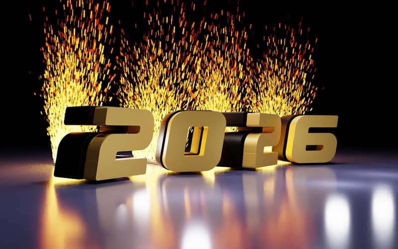 Golden 2026 text with fiery sparks
