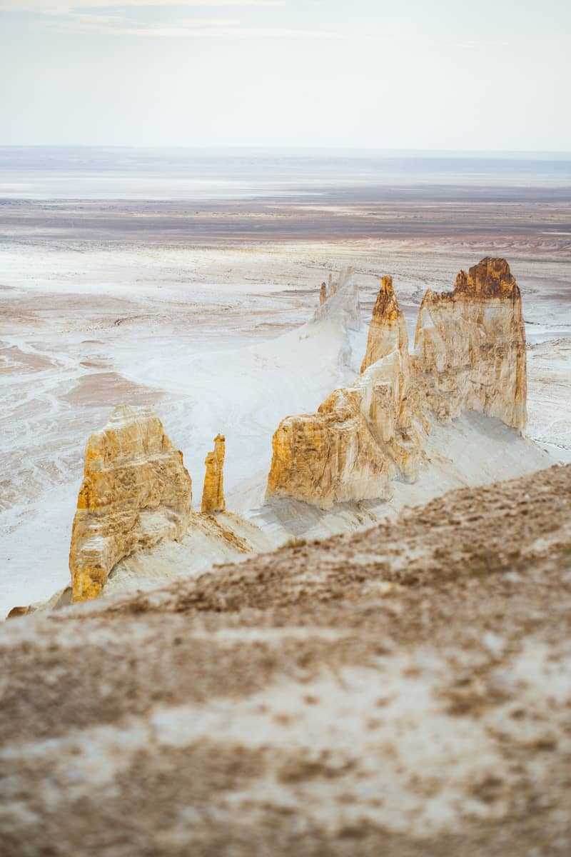 Majestic white rock formations in a vast, desolate desert.