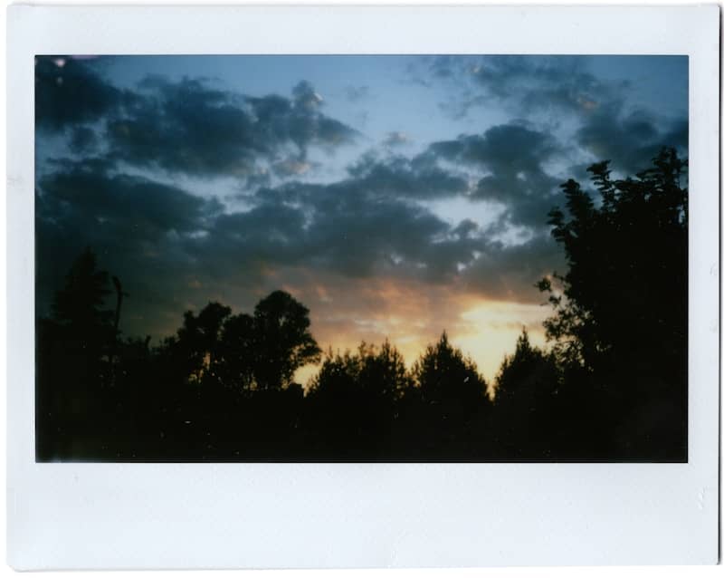 Silhouetted trees against a sky with dark clouds and a warm orange glow