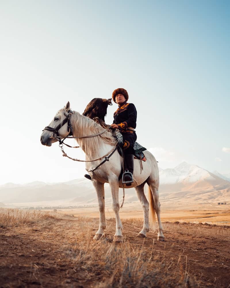 Person in traditional clothing riding white horse with eagle.