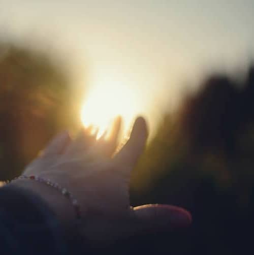 Outstretched hand reaching towards the setting sun.