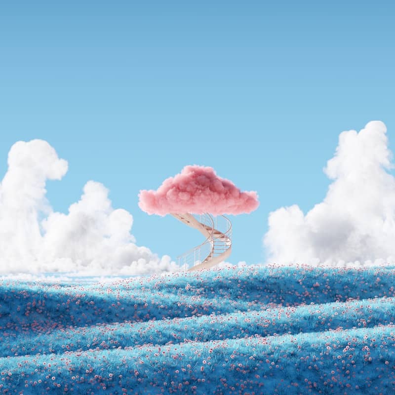 Pink cloud tree in a whimsical blue grassy landscape.