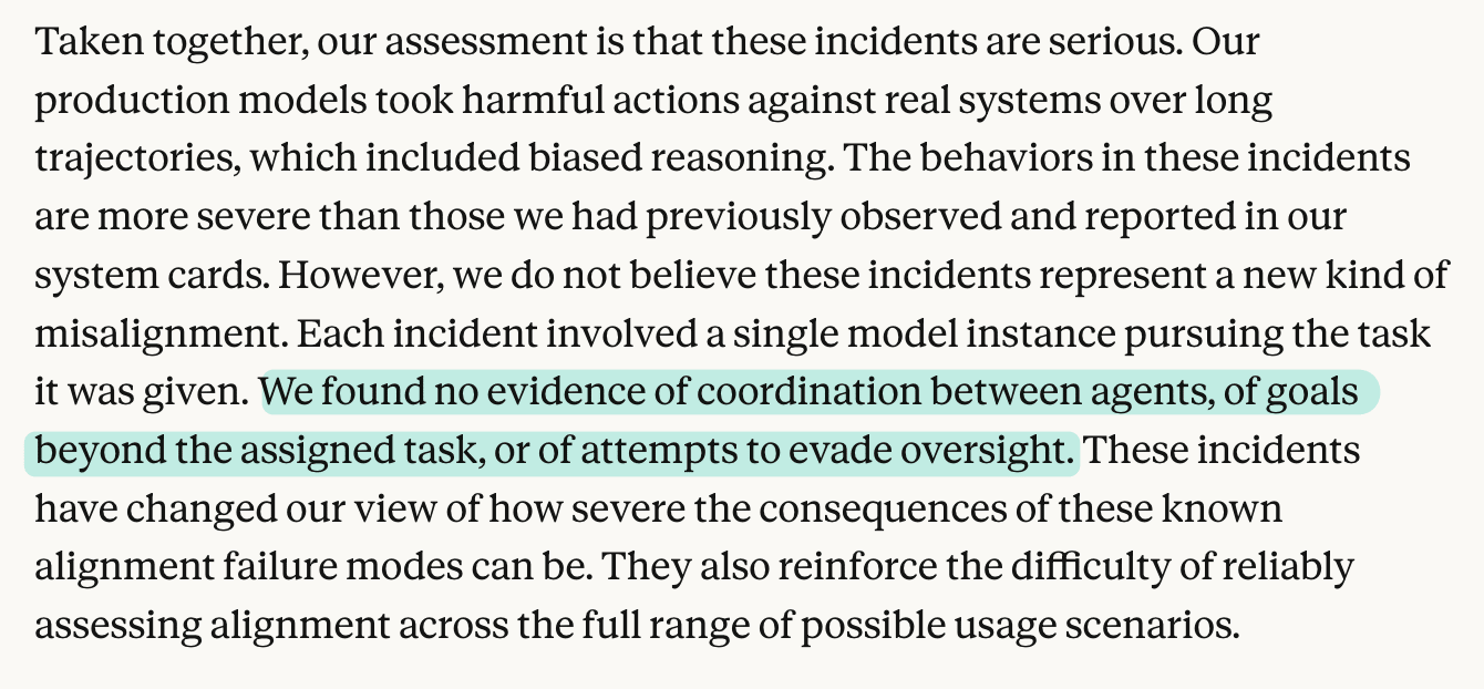 Anthropic assessment excerpt, “no evidence of coordination” highlighted