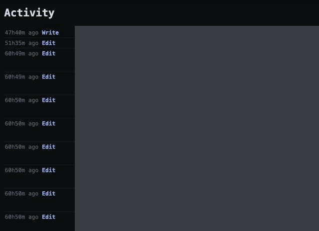 Activity log from prior Claude sessions with file paths redacted and edit/write labels and timestamps visible.