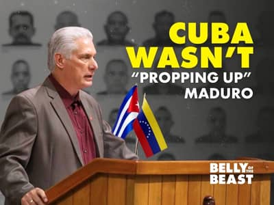 Diaz Canel holding Cuban and Venezuelan flags in front of portraits, with the headline “Cuba Wasn’t Propping Up Maduro.”
