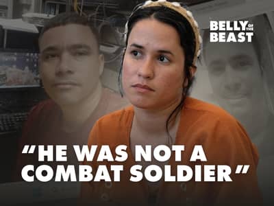 Claudia, a Cuban woman interviewed by Belly of the Beast, appears in a video thumbnail alongside a faded image of Yunio, with the text “He was not a combat soldier.