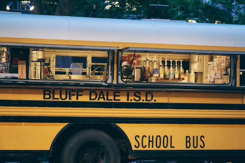 Yellow school bus with a serving window