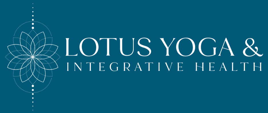 Lotus Yoga & Integrative Health's logo is a line drawing of a lotus flower seen from above surrounded by dotted circles expanding up and down, indicating growth and expansion