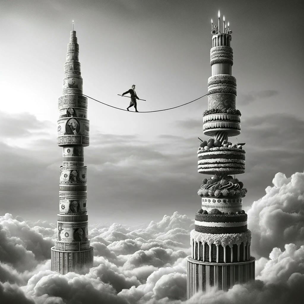 A man tightropes between towers of money and cake.