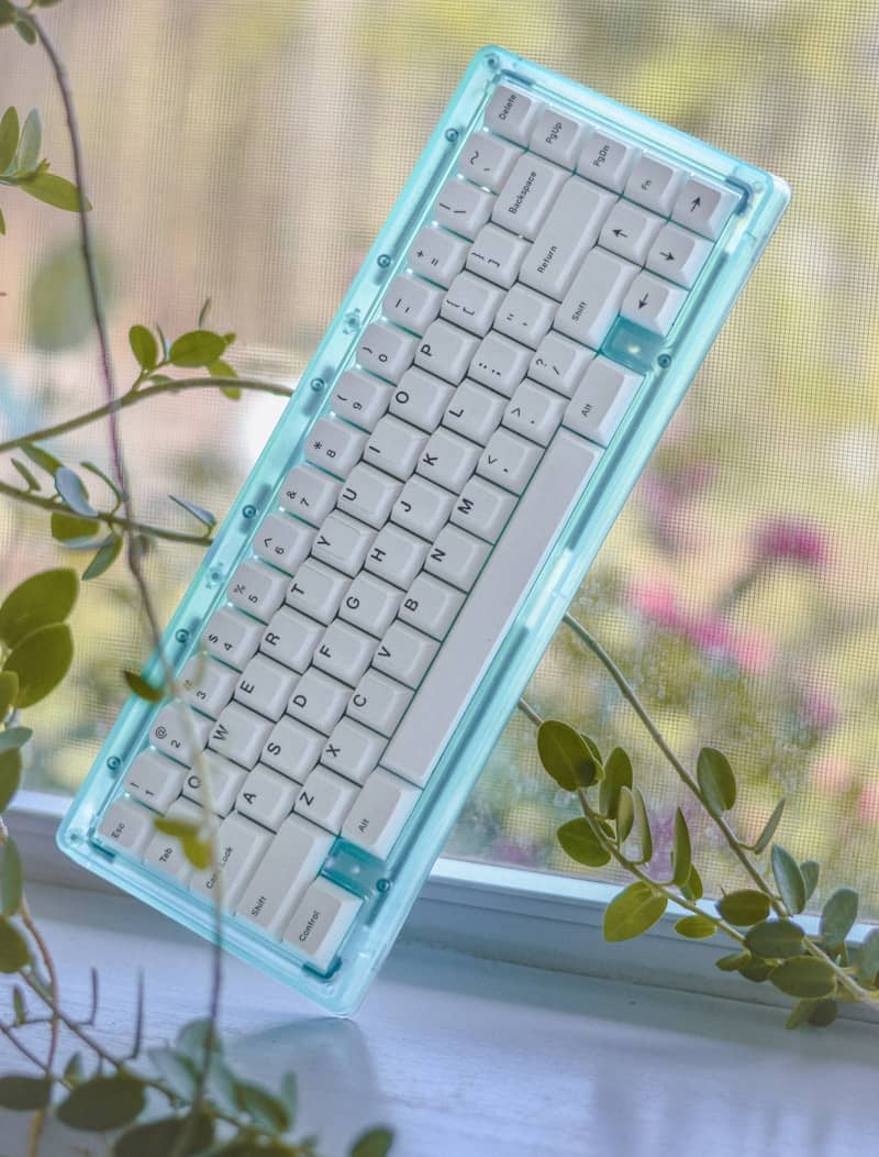 A blue keyboard with white keys and greenery.
