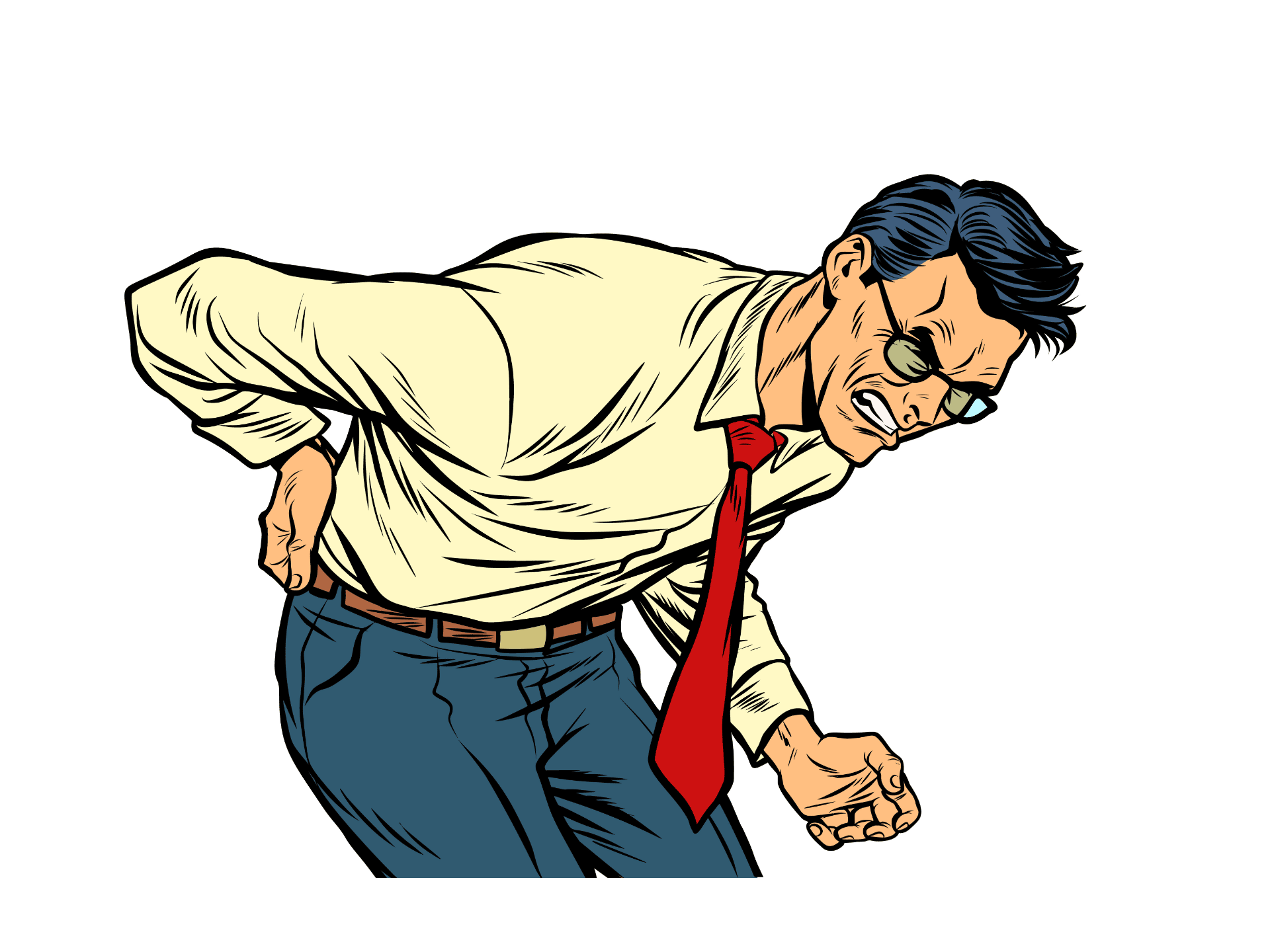 Cartoon of a man bent over with hand on low back, face writhing in agony. Man is dressed in business attire: pants, long sleeved business shirt and tie. The tie is dangling from his neck because he's bent over.