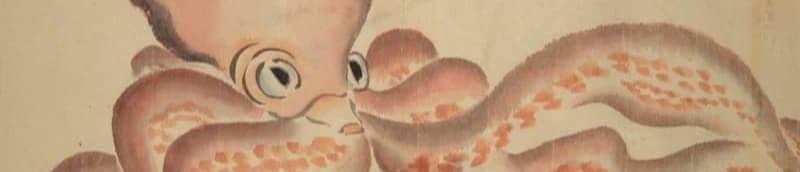 A traditional japanese drawing of a reddish-brown octopus.