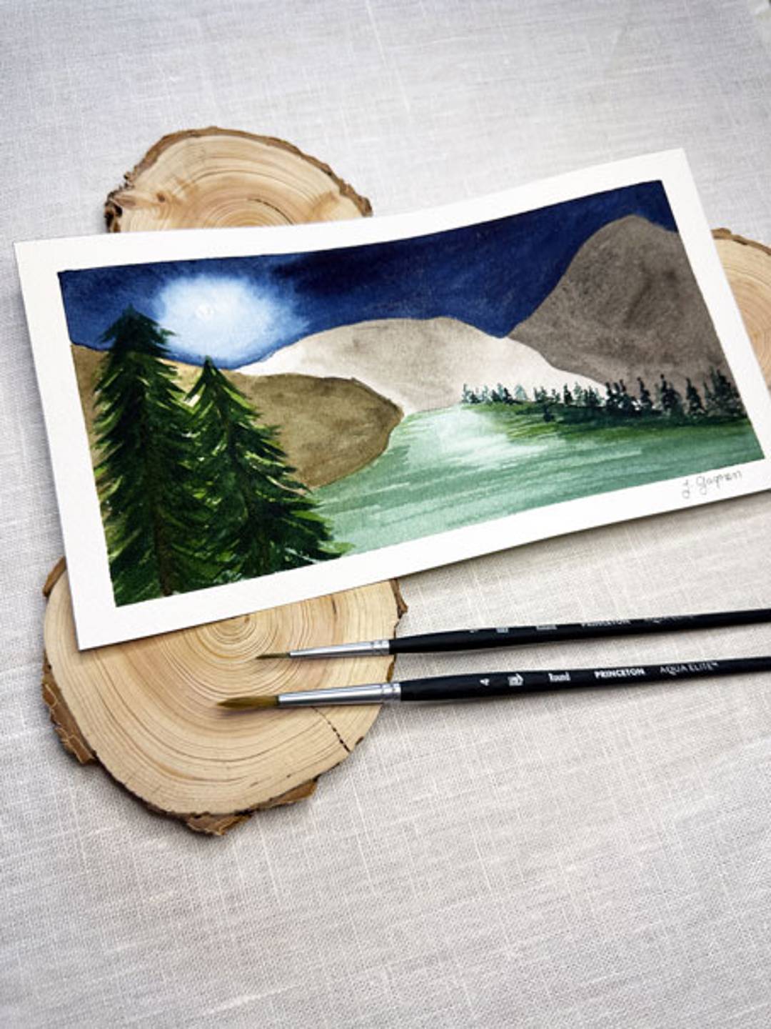 watercolor painting of an alpine meadow under moonlight