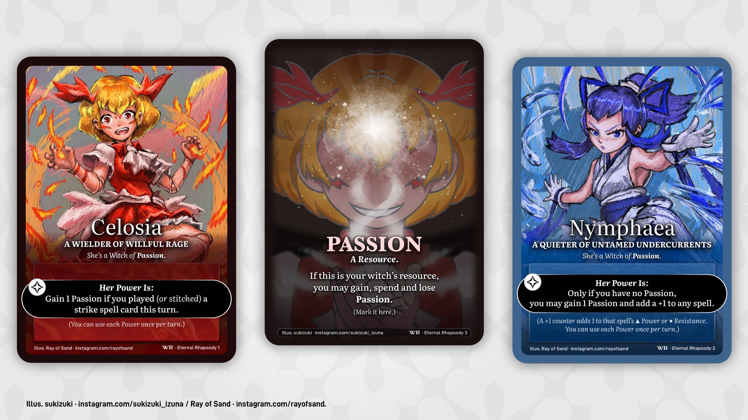 The two witch cards from ETERNAL RHAPSODY, with their shared resource, Passion, at the center.