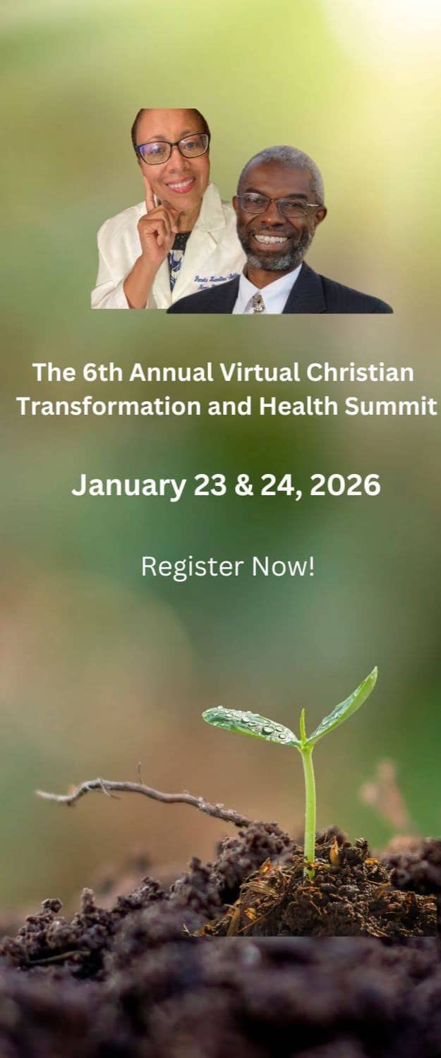 Image of a promotional flyer for the "6th Annual Virtual Christian Transformation and Health Summit" scheduled for January 23 and 24, 2026. It features two people smiling at the top. Below them, a small green plant is emerging from the soil, symbolizing growth or renewal. The text encourages registration for the event.