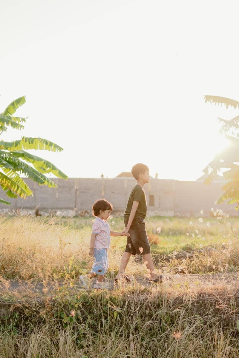 Two young boys holding hands walk through a sunny field.