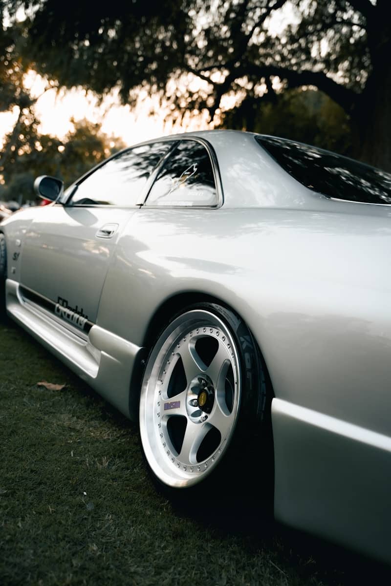 Silver sports car parked on grass with trees