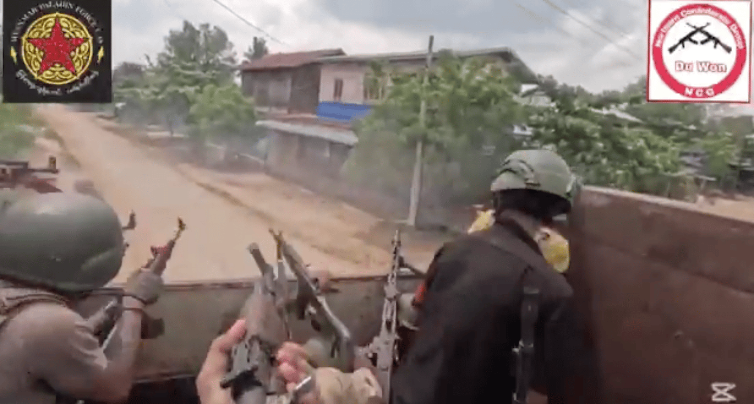 Screenshot from a video released by the Myanmar Paladin Force U – 18 showing an ambush of junta soldiers at a liquor shop (Photo: Myanmar Paladin Force U – 18 via @War_Noir / X)