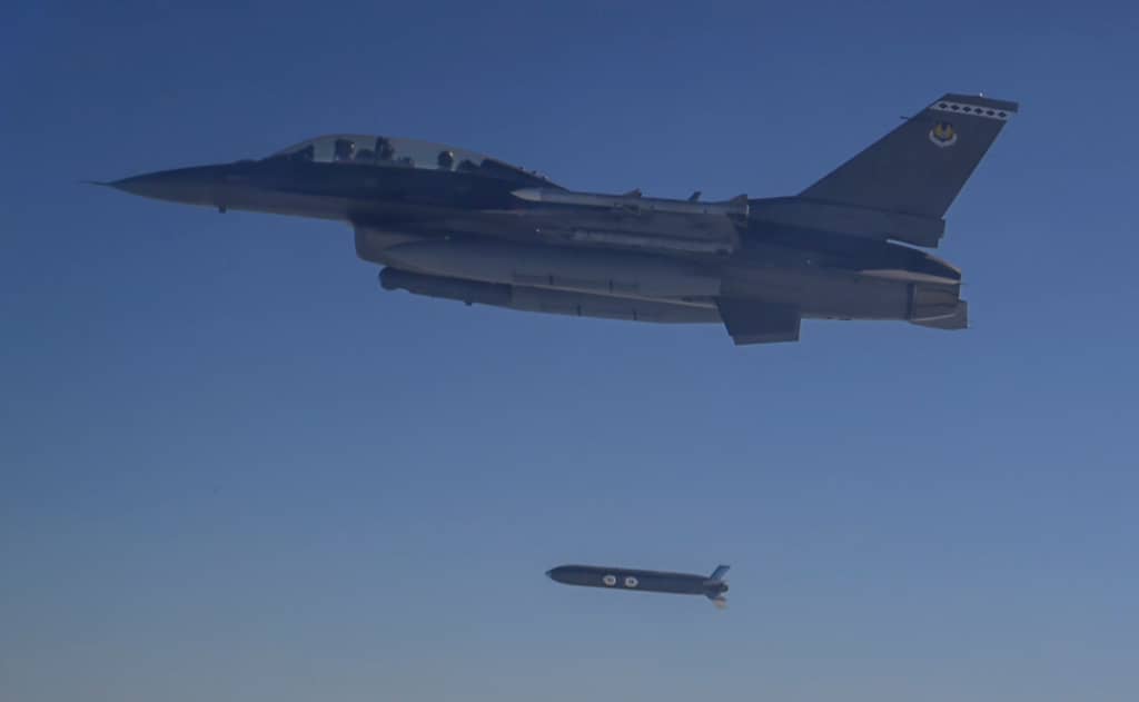 A U.S. Air Force F-16 Fighting Falcon releases a Family of Affordable Mass Munition – Lugged weapon over the Gulf of America. This release was part of a rapid test series performed by the 96th Test Wing and 53rd Wing. (U.S. Air Force photo by Staff Sgt. B