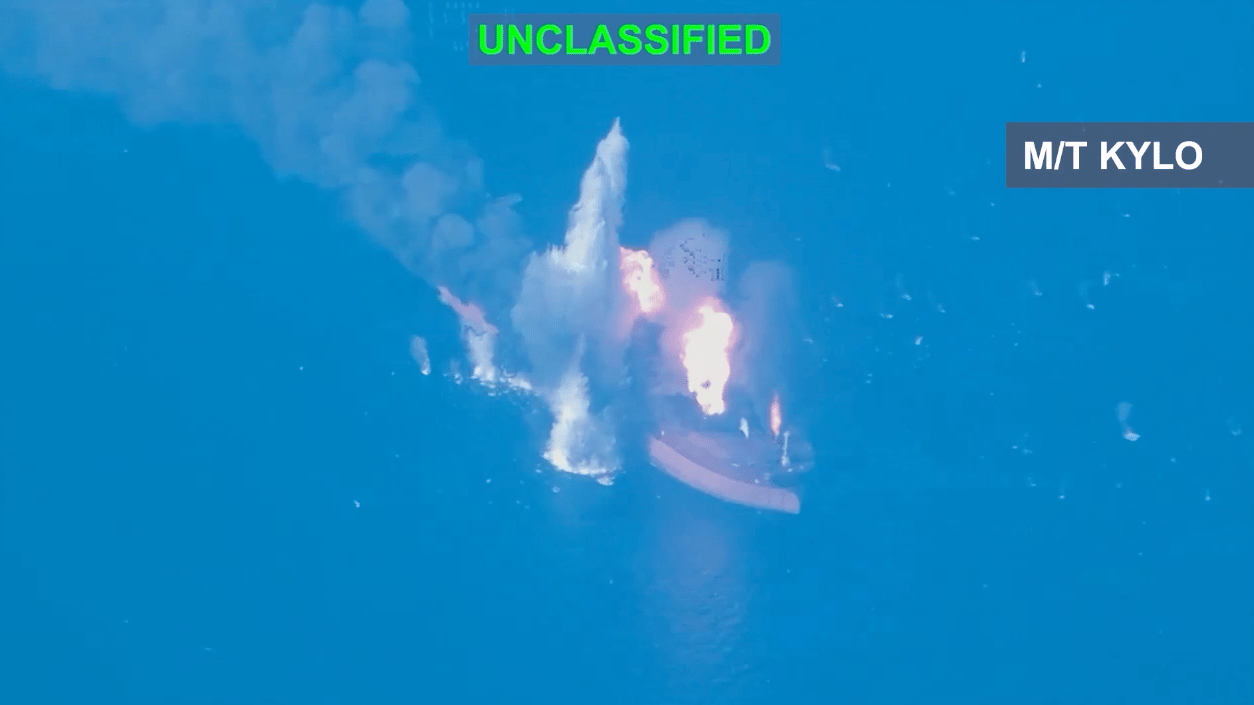 Thermal imagery released by CENTCOM shows the Iranian tanker M/T Kylo on fire during U.S. strikes in the Gulf of Oman, Sept. 5, 2026. (Credit: U.S. Central Command)