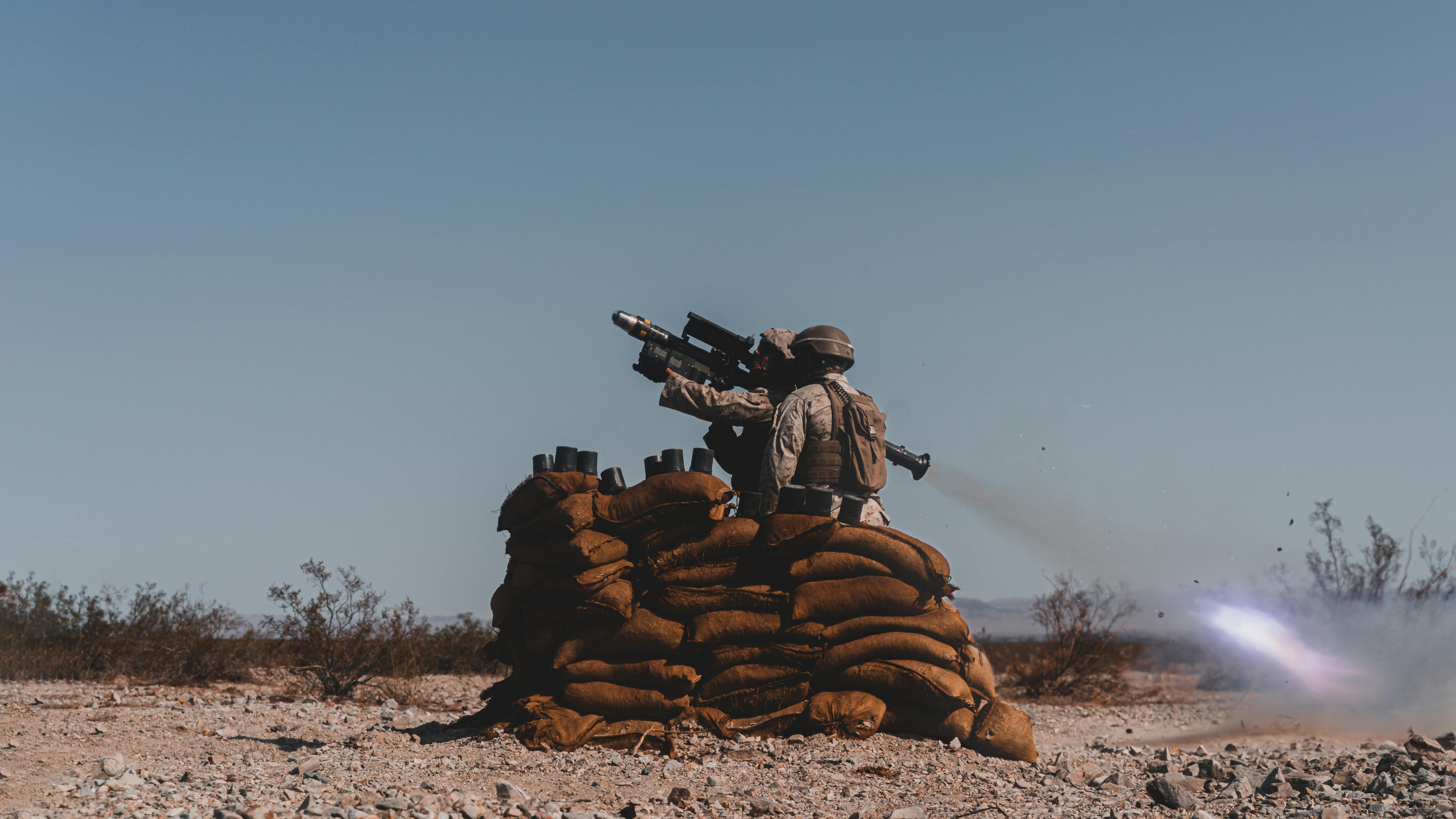 A U.S. Marine Corps Low Altitude Air Defense (LAAD) Basic Gunner Course student fires an FIM-92 Stinger missile