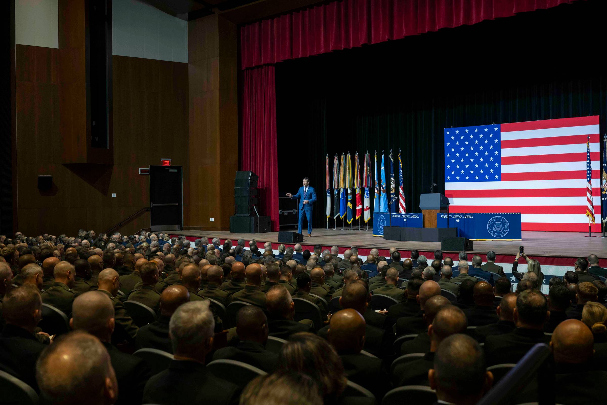 Secretary of War Pete Hegseth delivers remarks during a War Department Address at Marine Corps Base Quantico, Va., Sept. 30, 2025. (DoW photo by U.S. Navy Petty Officer 2nd Class Aiko Bongolan)