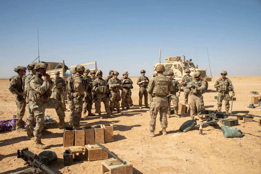 U.S. Army Soldiers, assigned to 37th Infantry Brigade Combat Team, Combined Joint Task Force – Operation Inherent Resolve, conduct a safety brief before a live-fire exercise at Al Asad Air Base, Iraq, June 1, 2023. (U.S. Army photo by Spc. Timothy VanDusen)