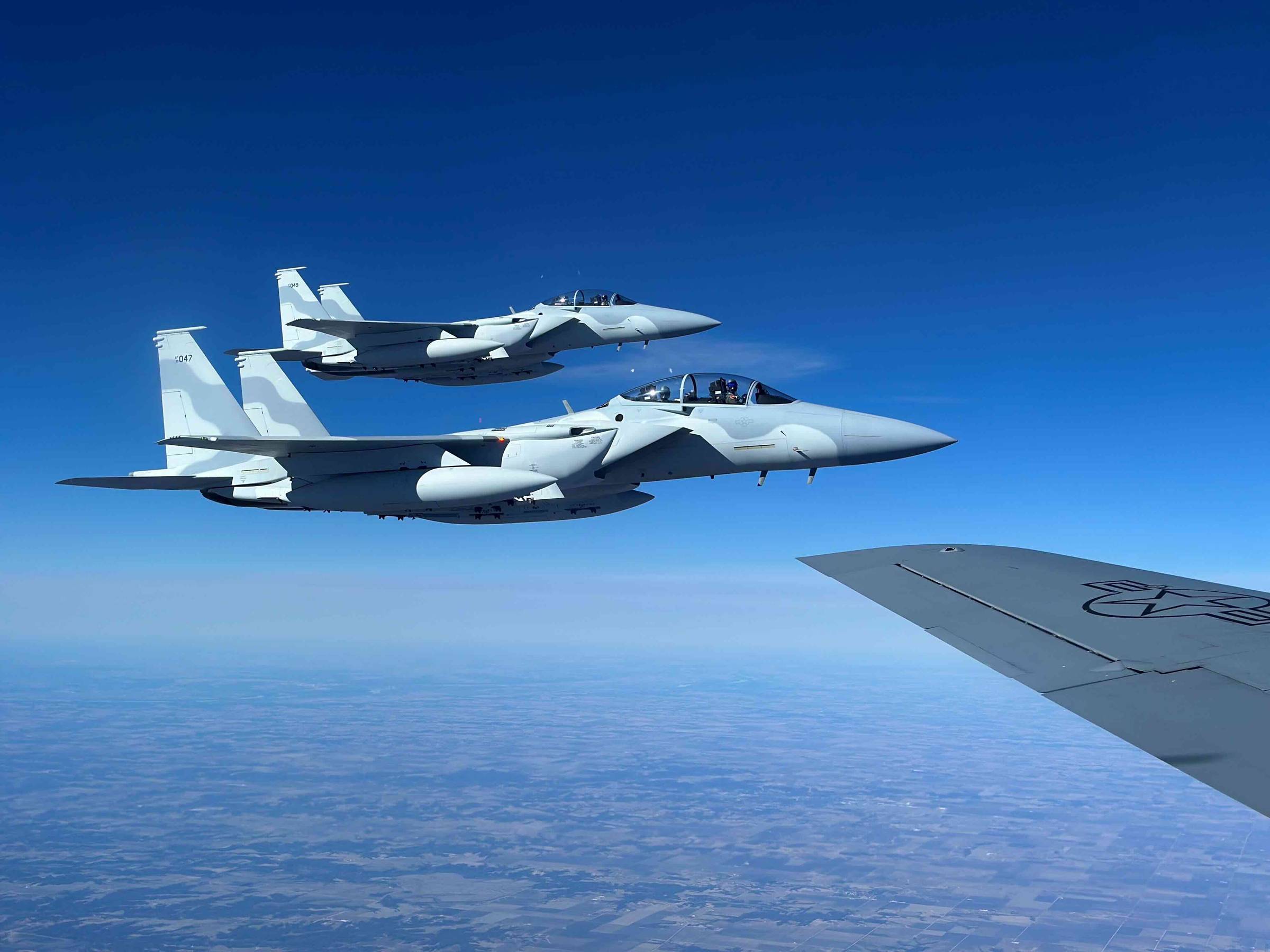Three new F-15QA advanced fighter jets from Boeing’s St. Louis facility for a pre-ferry sortie (Photo: Air Force Life Cycle Management Center via DVIDS)