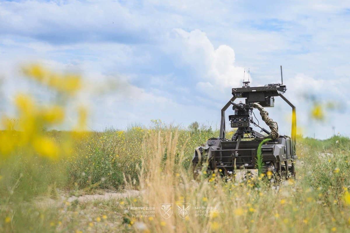 A Ukrainian armed ground robot operates in a field, deployed by the 147th Separate Artillery Brigade. (Credit: 7th Corps / 147th Separate Artillery Brigade / Armed Forces of Ukraine)