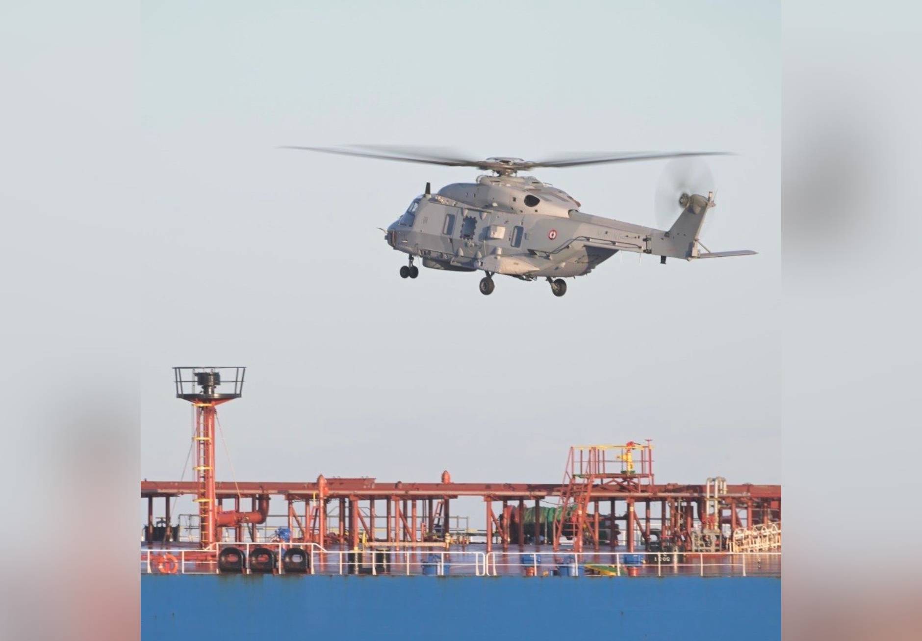 The French Navy seizing the ol tanker Grinch in the Alboran Sea, east of Gibraltar (Photo: French President Emmanuel Macron via X)