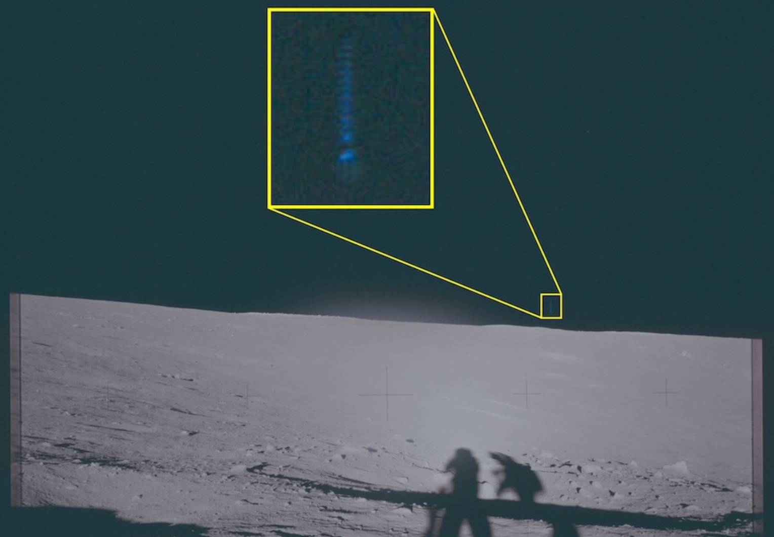 This archival photograph depicts the lunar surface as viewed from the landing site of Apollo 12. (NASA via war.gov/ufo/)