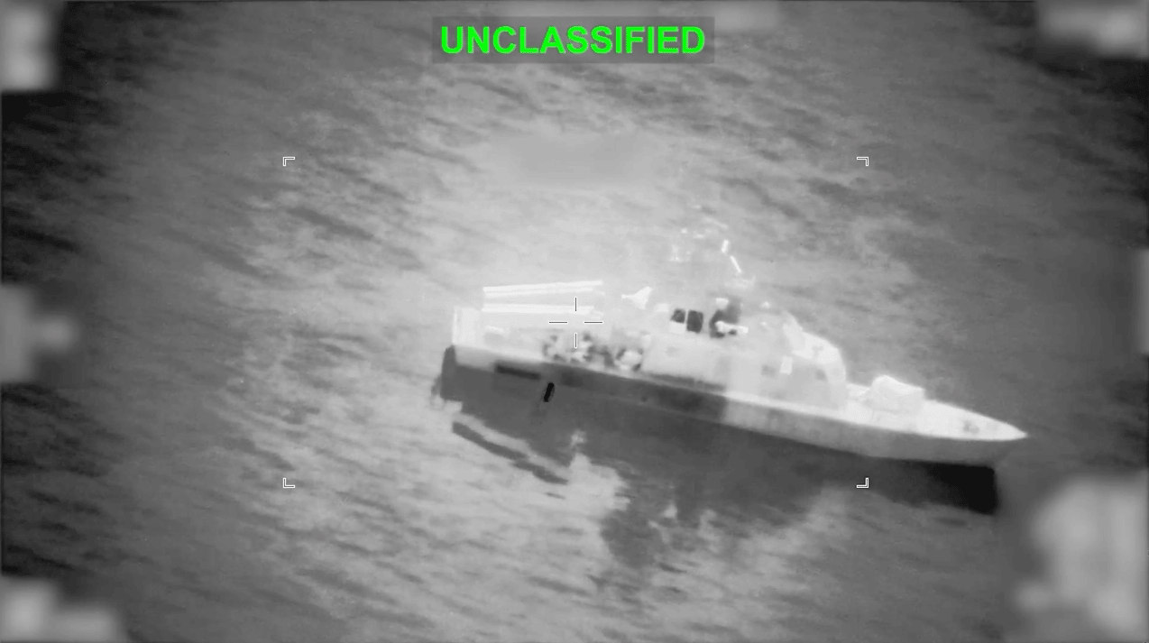 An Iranian naval vessel targeted by U.S. forces near the Strait of Hormuz on March 10, part of a strike that eliminated multiple vessels including 16 minelayers. (CENTCOM) 