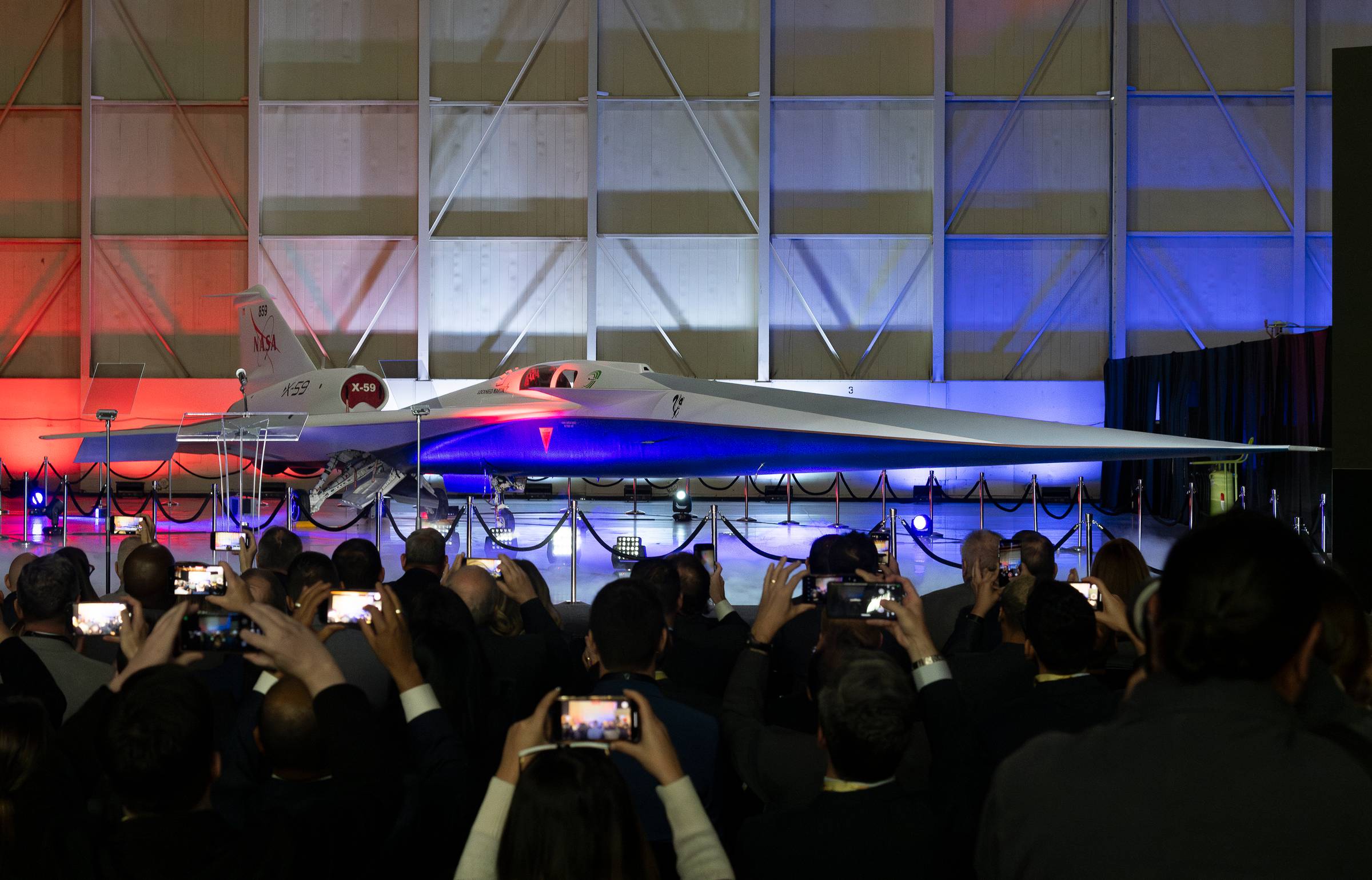 NASA and Lockheed Martin publicly unveil the X-59 quiet supersonic research aircraft at a ceremony in Lockheed Martin’s Skunk Works facility (Image Credit: NASA/Steve Freeman)
