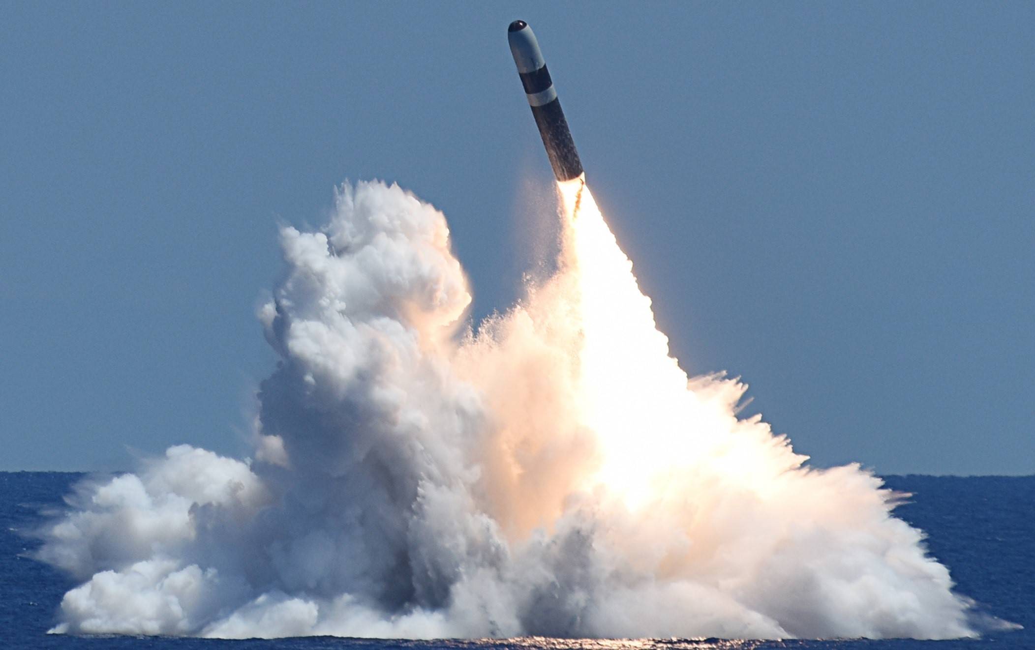 An unarmed Trident II D5 Life Extension (D5LE) missile launches from Ohio-class ballistic missile submarine USS Alaska (SSBN 732) during a Commander Evaluation Test (CET) off the coast of Florida June 18, 2018. (U.S. Navy Photo)