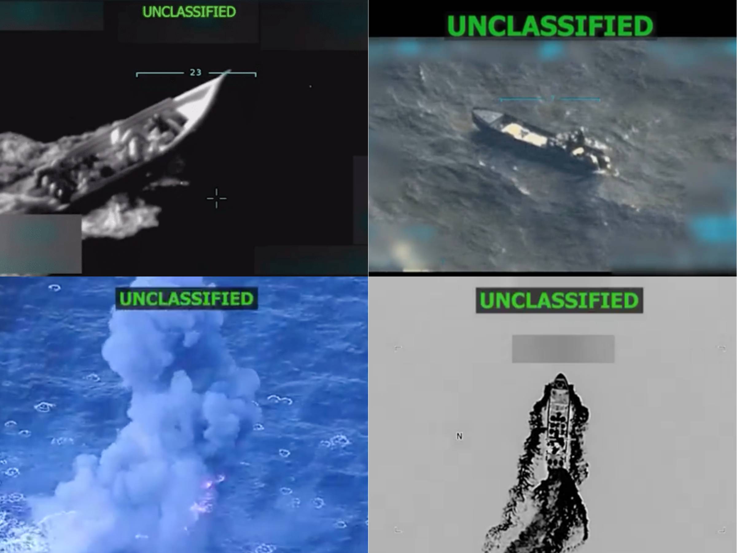 A collage of previous U.S. Southern Command strikes on Venezuelan vessels. 