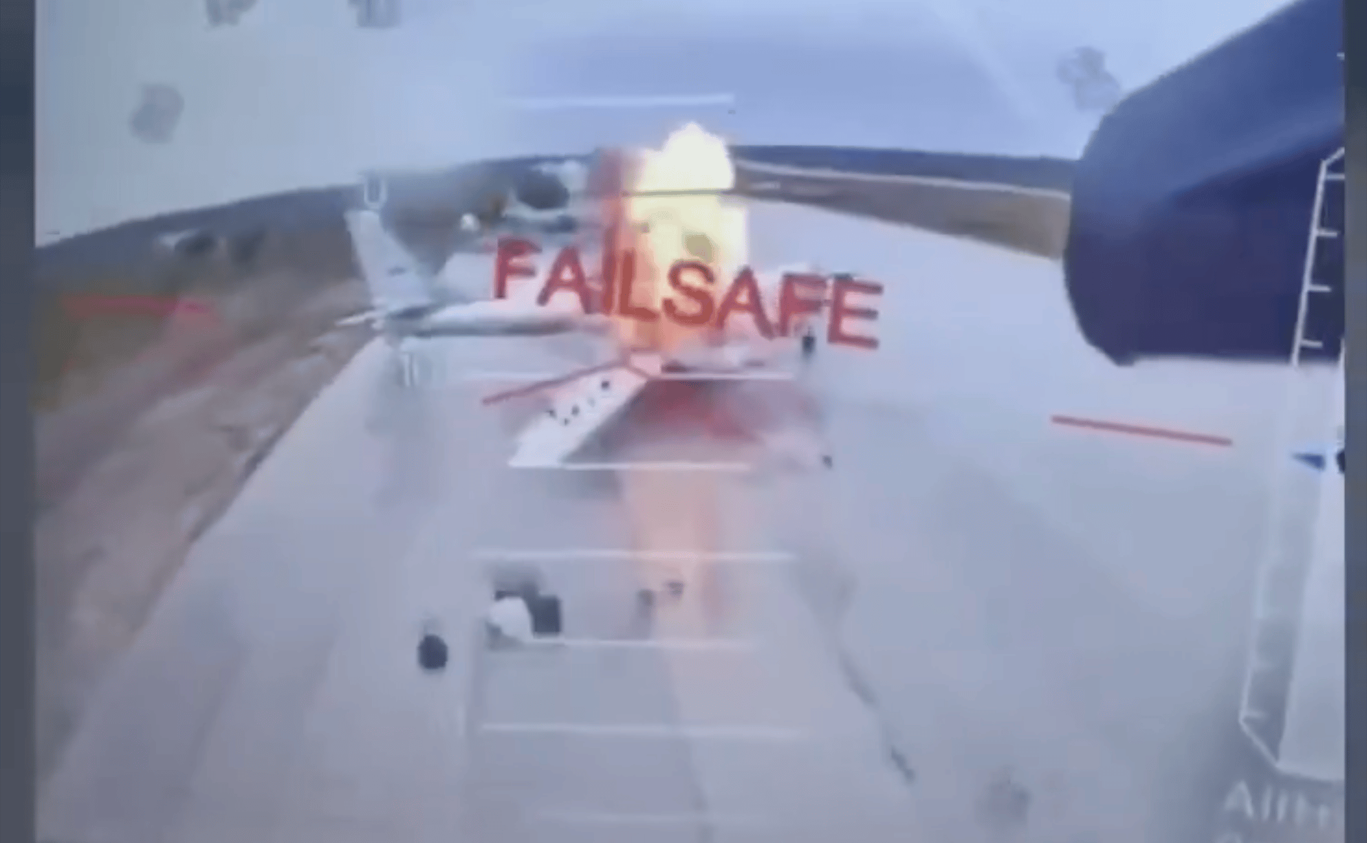 Screenshot from the video feed of a Ukrainian FPV drone attacking Russia’s Belaya airbase in the Irkutsk region, home to strategic aircraft including Tu-95 bombers. The attack was carried out by the SBU on June 1, 2025 (Video: SBU / Screenshot via X).
