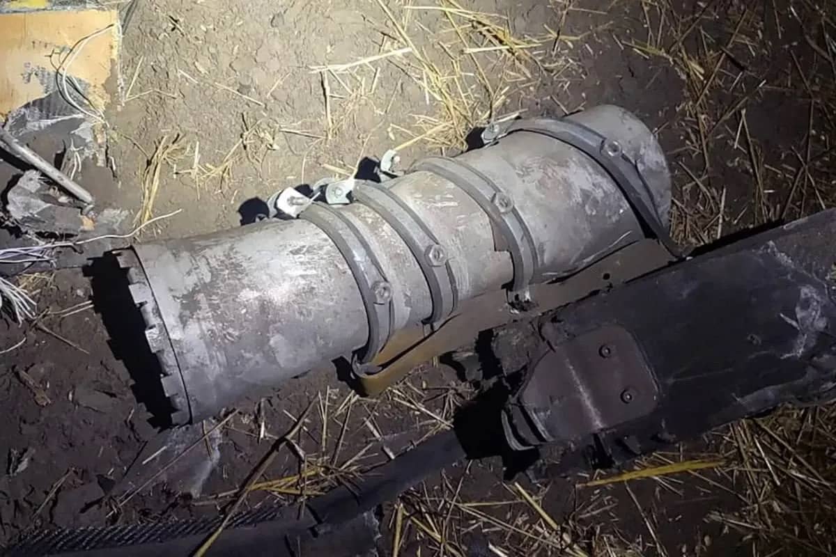 A fragment of a PTM-3 mine deployment system dropped by a Russian Shahed/Geran loitering drone over civilian roadways in the Sumy region. (Photo: National Police of Ukraine)