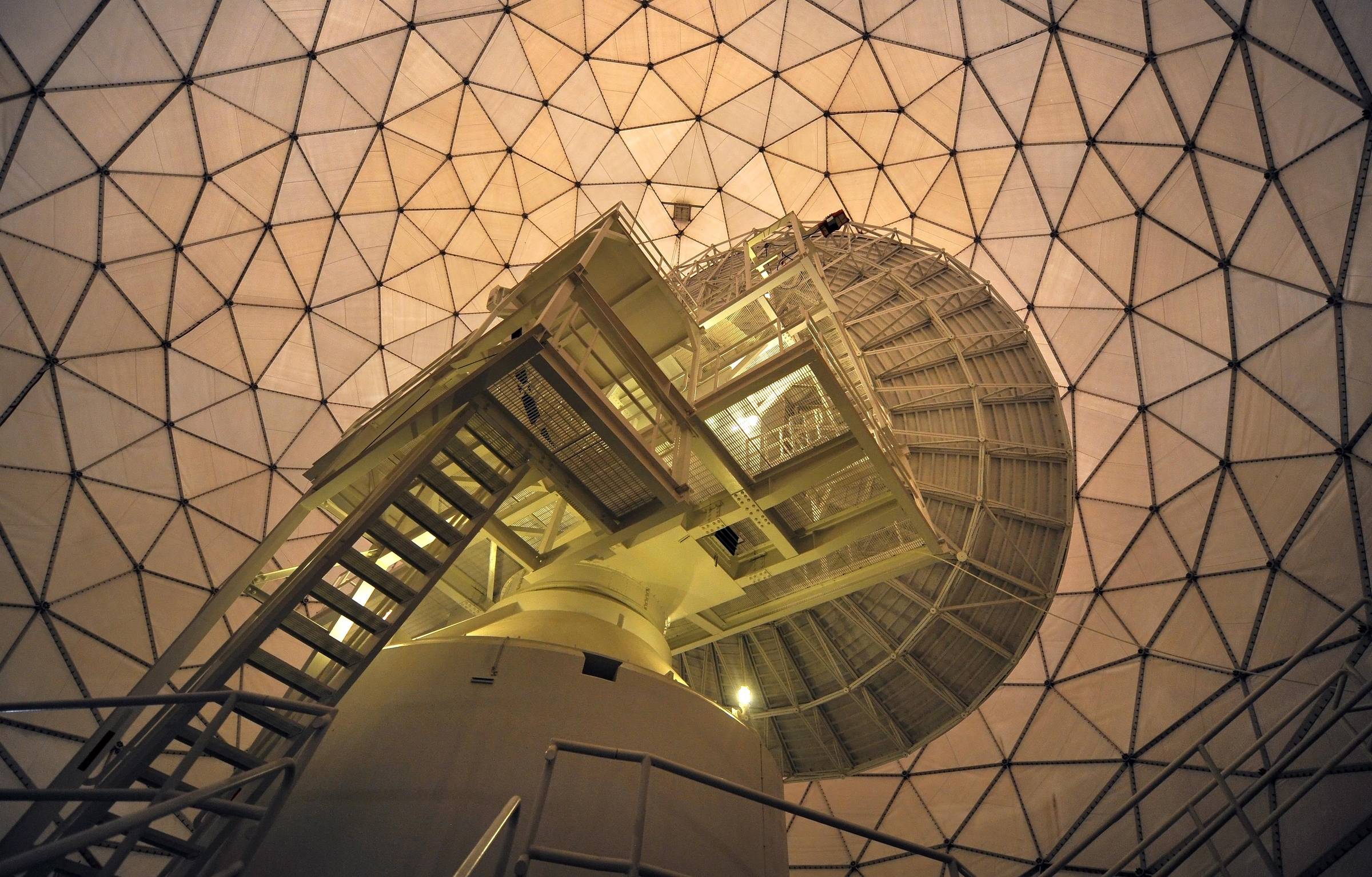 An Air Force Wideband Enterprise Terminal stands poised under a protective geodesic radar dome. AFWET terminals communicate with a variety of satellites and keep military branches and other government agencies connected worldwide. (U.S. Air Force photo/Jo