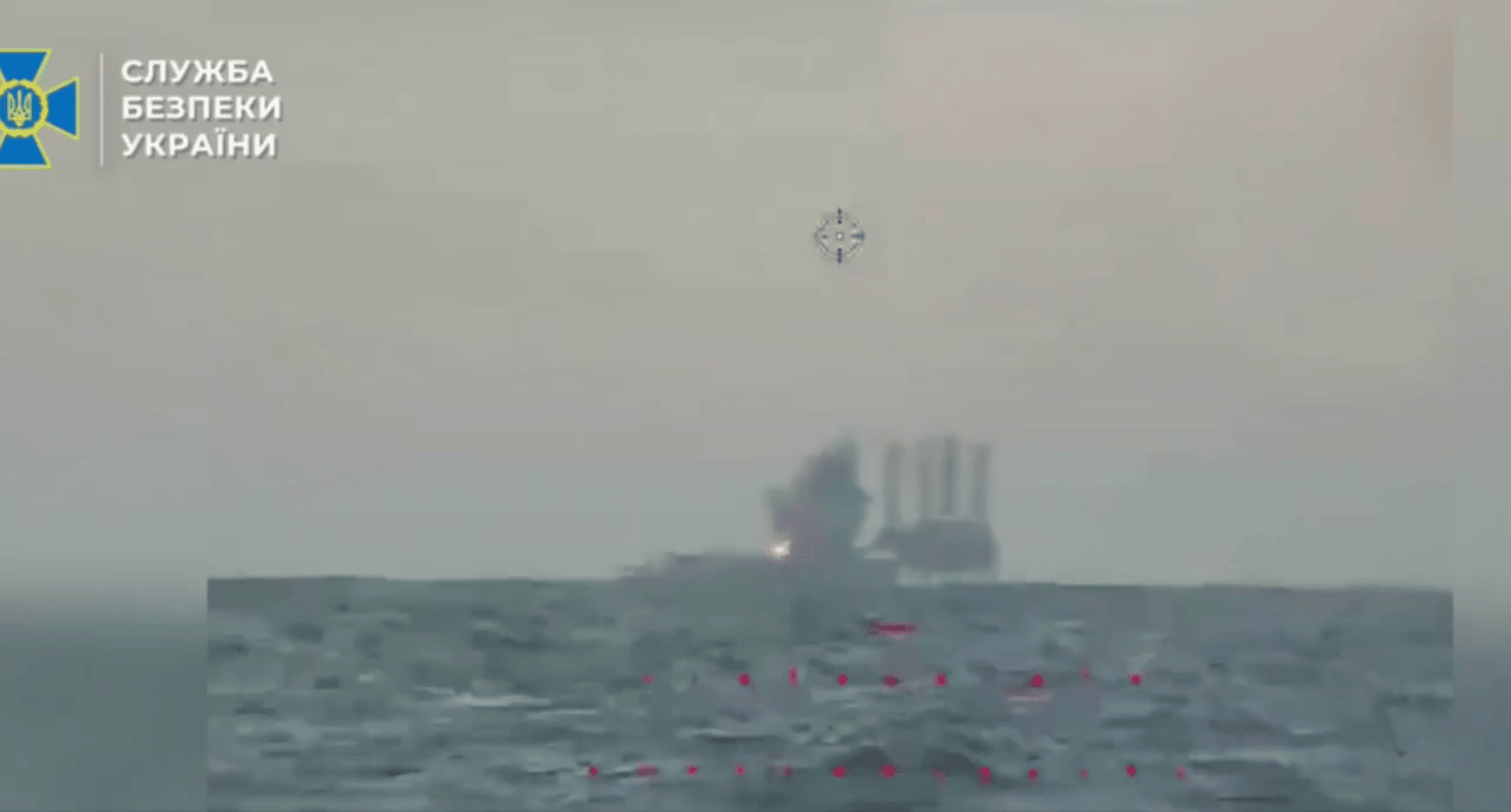 A screenshot from video footage released by the Security Service of Ukraine (SBU), showing the successful destruction of a Russian S-125 Neva/Pechora radar installation on a Black Sea gas platform by Ukrainian aerial and maritime drones. (Source: SBU)