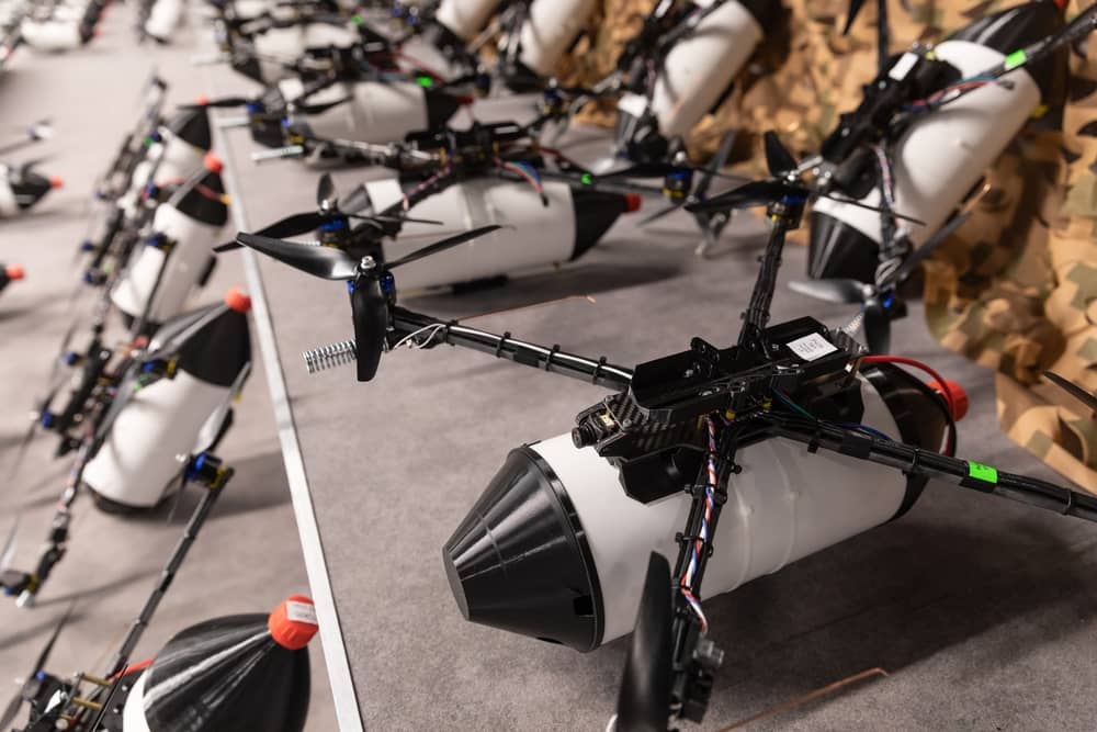 A batch of fiber-optic controlled drones is seen before being handed over to the Ukrainian armed forces (Credit: Drop of Light / Shutterstock.com)