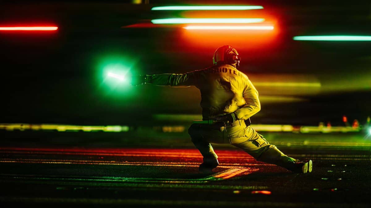 U.S. sailors conduct night flight operations aboard USS George Washington (CVN 73) in support of operations in the Middle East, in photos released Aug. 30, 2026. (Credit: U.S. Central Command)