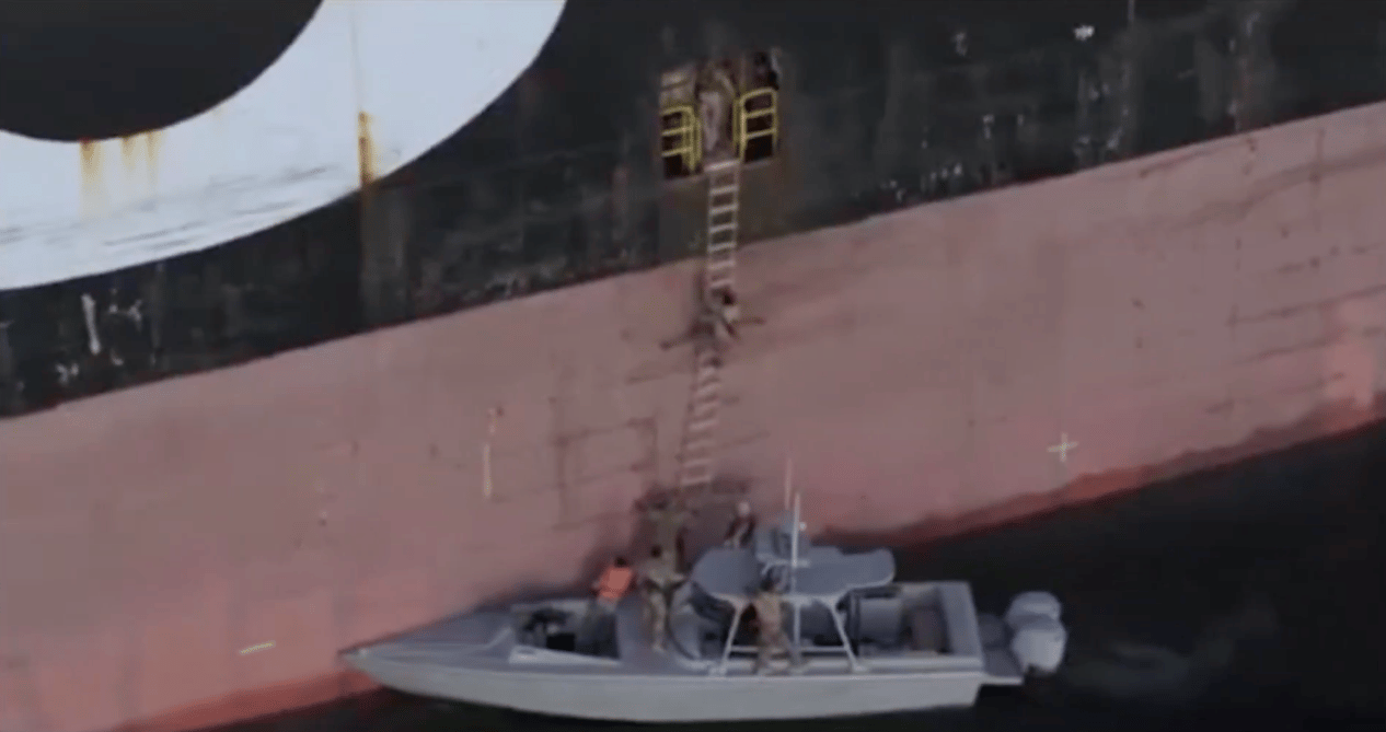 A screenshot from Iranian state television purportedly shows the seizure of container ships MSC Francesca and Epaminondas in the Strait of Hormuz, April 22, 2026. (Tasnim News Agency / Iranian State Media)
