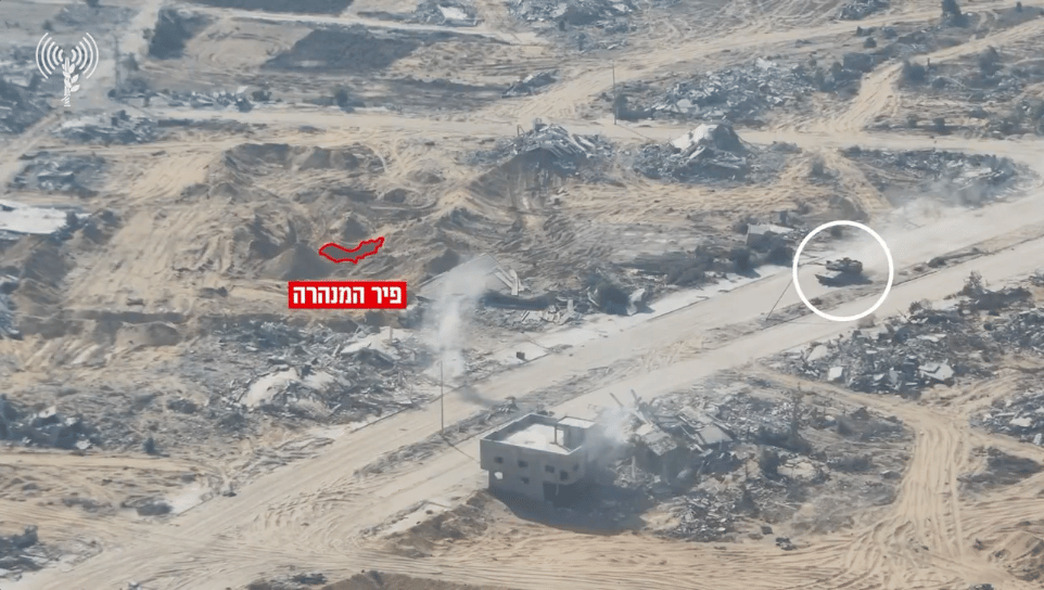 Screenshot from IDF-released footage showing a firefight in Khan Younis, where 10–15 Hamas Qassam Brigade fighters attempted to ambush Israel’s Kfir Brigade. (Source: IDF via X)